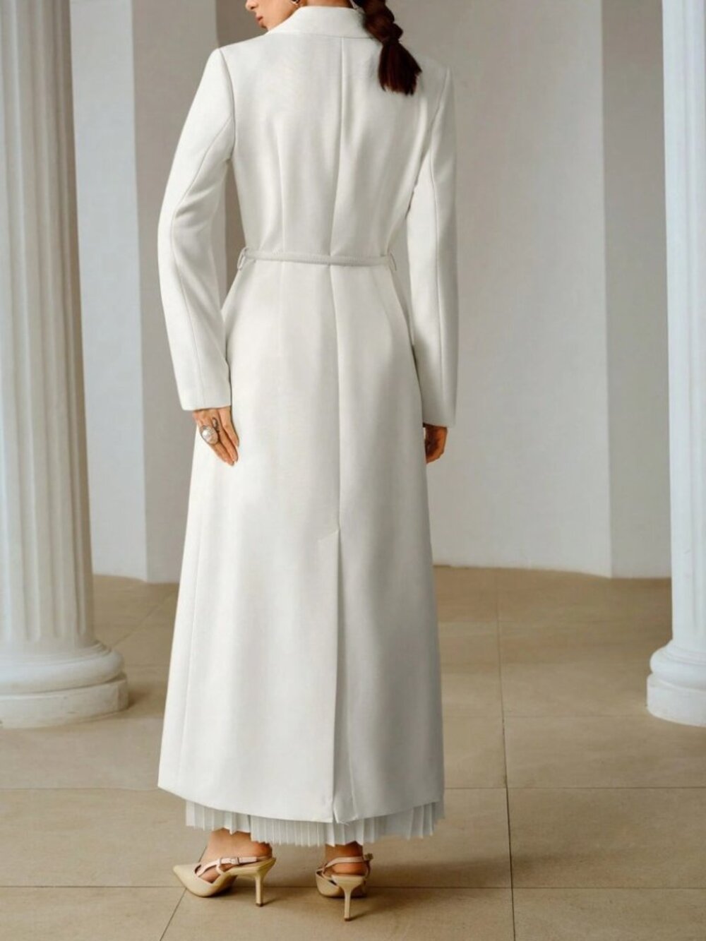 White Long Tailored Coat with Double Breasted Buttons - Picture 6 of 7